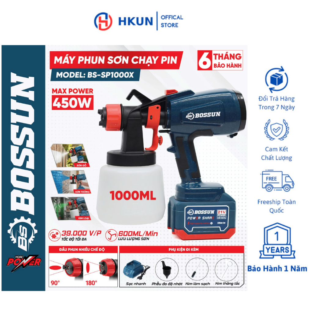Máy phun sơn dùng pin BOSHUN BS-SP1000X, 2 Kiểu phun - Bình chứa lớn 1000ml - Chân pin phổ thông