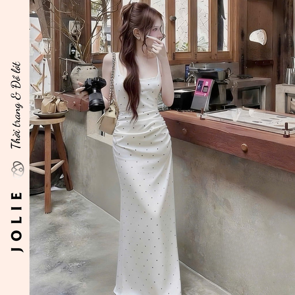 Váy lụa hai dây trắng chấm bi dáng dài ôm body quyến rũ Jolie