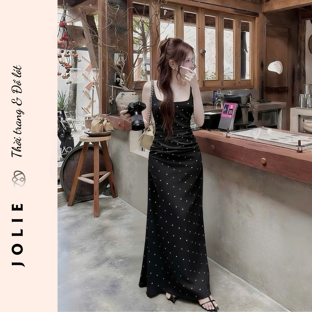 Váy lụa hai dây trắng chấm bi dáng dài ôm body quyến rũ Jolie
