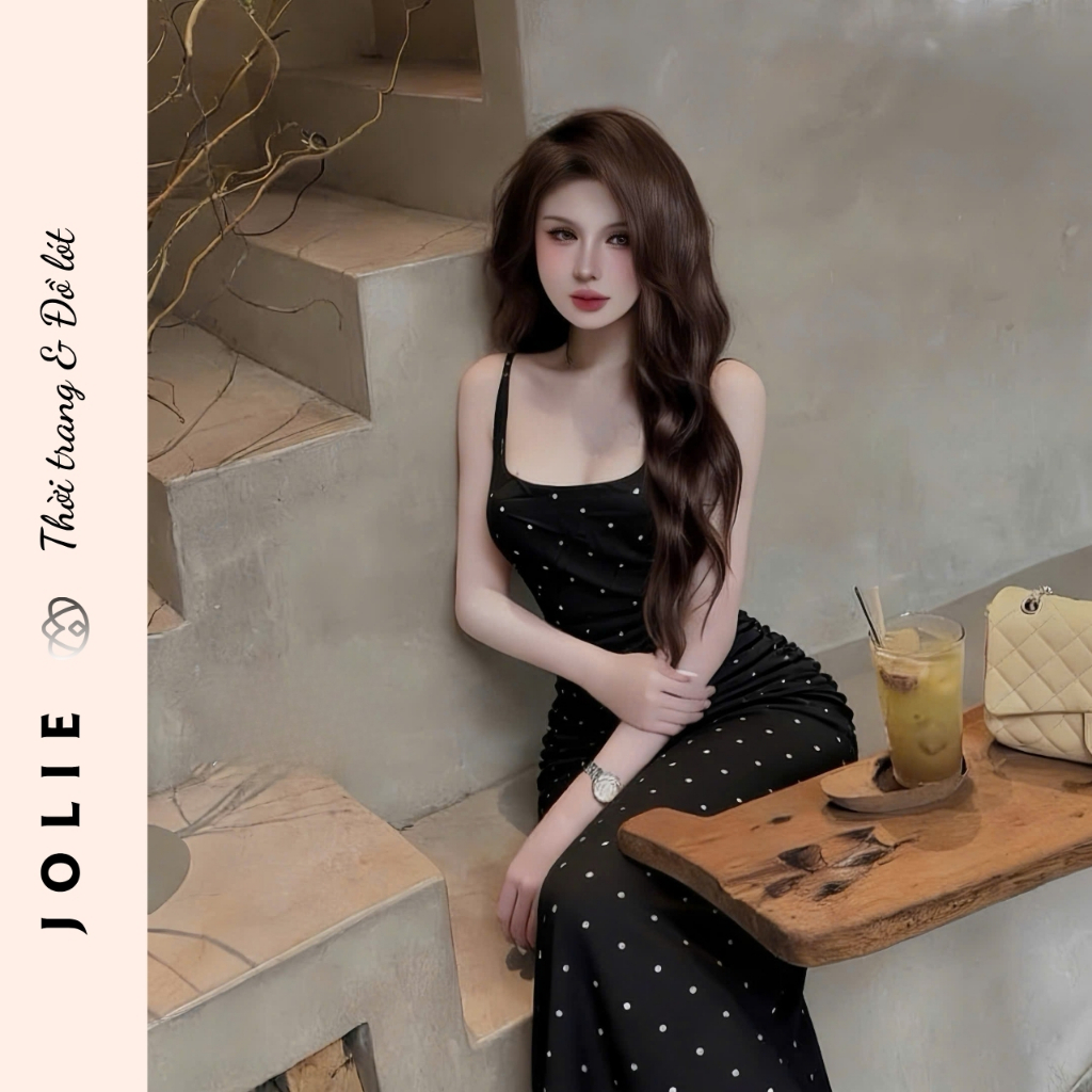 Váy lụa hai dây trắng chấm bi dáng dài ôm body quyến rũ Jolie