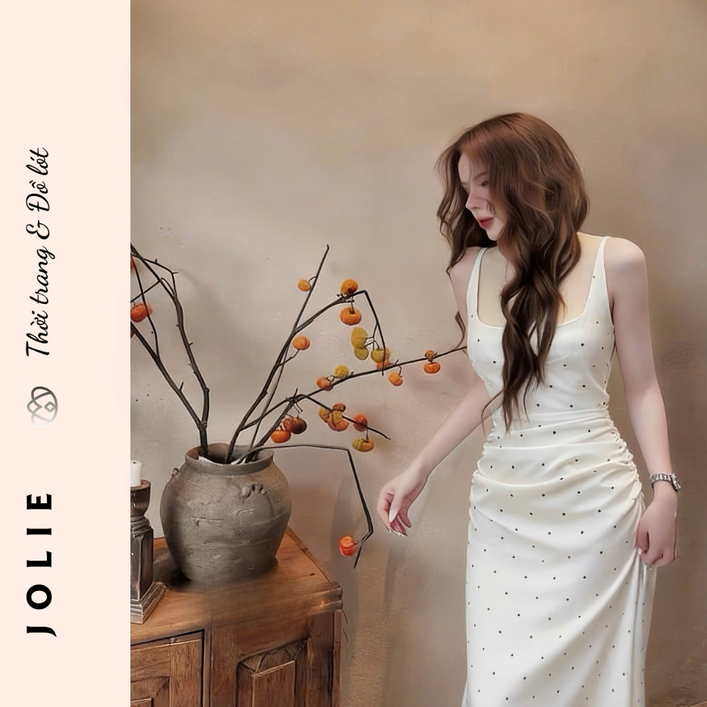 Váy lụa hai dây trắng chấm bi dáng dài ôm body quyến rũ Jolie