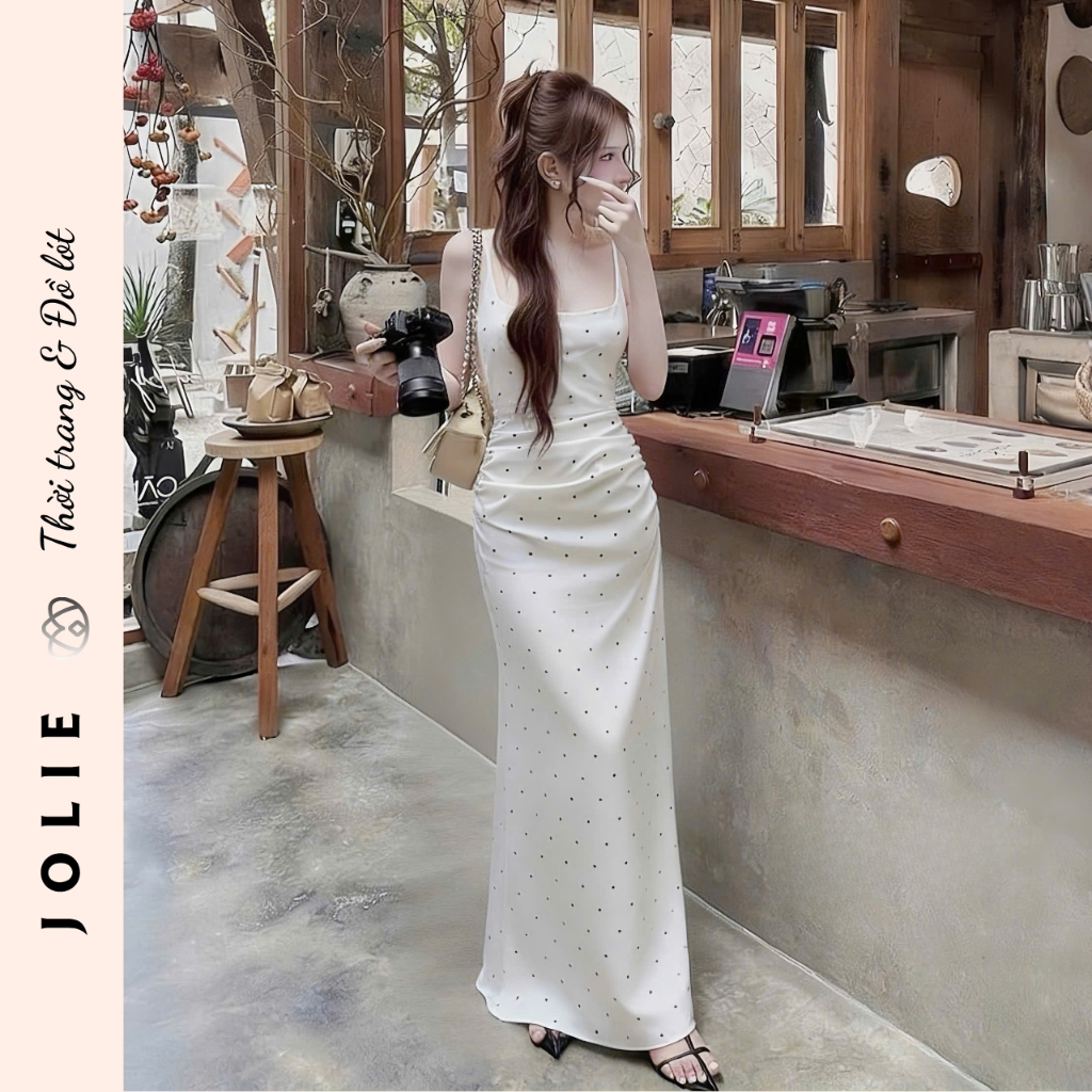 Váy lụa hai dây trắng chấm bi dáng dài ôm body quyến rũ Jolie