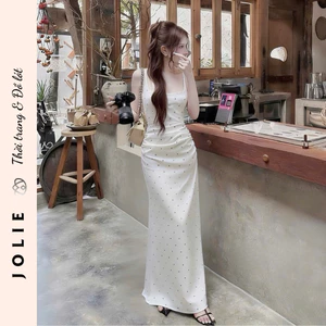 Váy lụa hai dây trắng chấm bi dáng dài ôm body quyến rũ Jolie