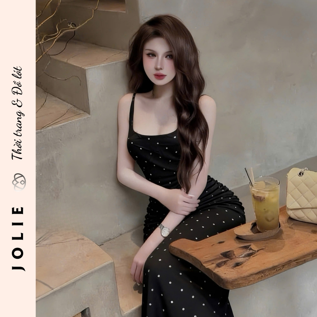 Váy lụa hai dây trắng chấm bi dáng dài ôm body quyến rũ Jolie