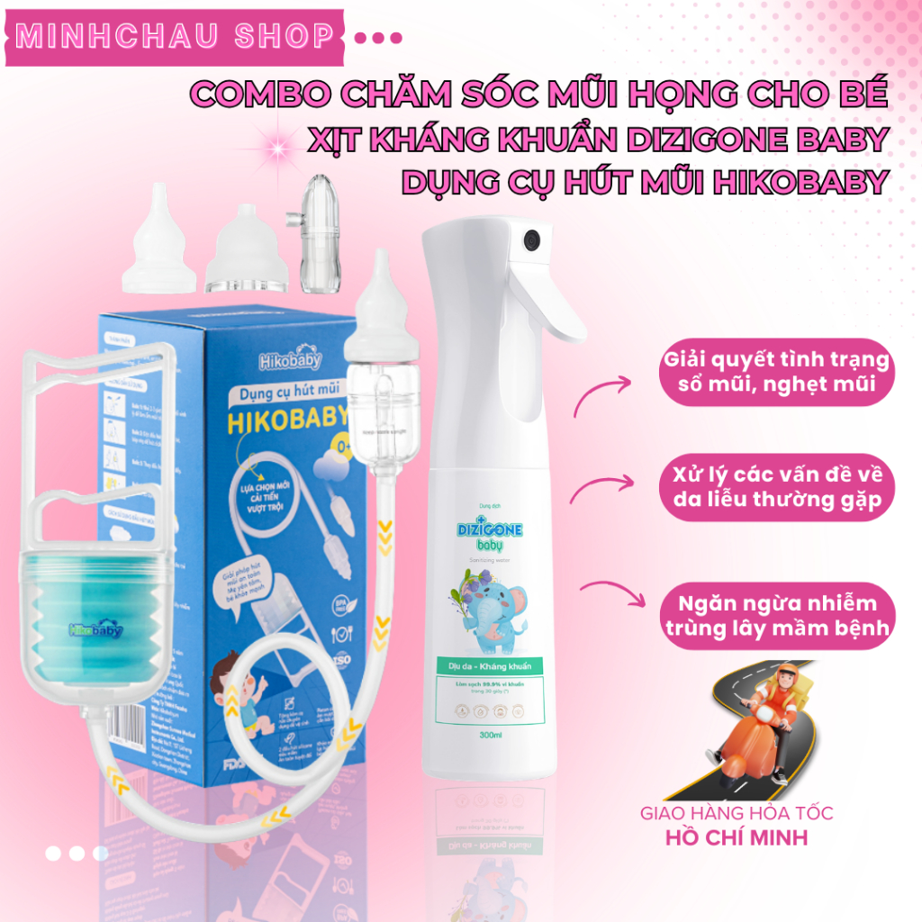 Combo Hút Mũi Hikobaby & Xịt Kháng Khuẩn Dizigone Baby 300ml Cho Bé, Sạch Dịch Mũi, Ngừa Hăm, Dịu Da