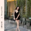 Set áo hai dây dáng xòe phối quần short ren đen đính hoa trà sang chảnh Jolie