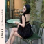 Set áo hai dây dáng xòe phối quần short ren đen đính hoa trà sang chảnh Jolie