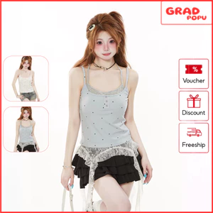 Áo hai dây GRADPOPU họa tiết chấm bi thiết kế giả hai lớp có đệm ngực phong cách gợi cảm PB56