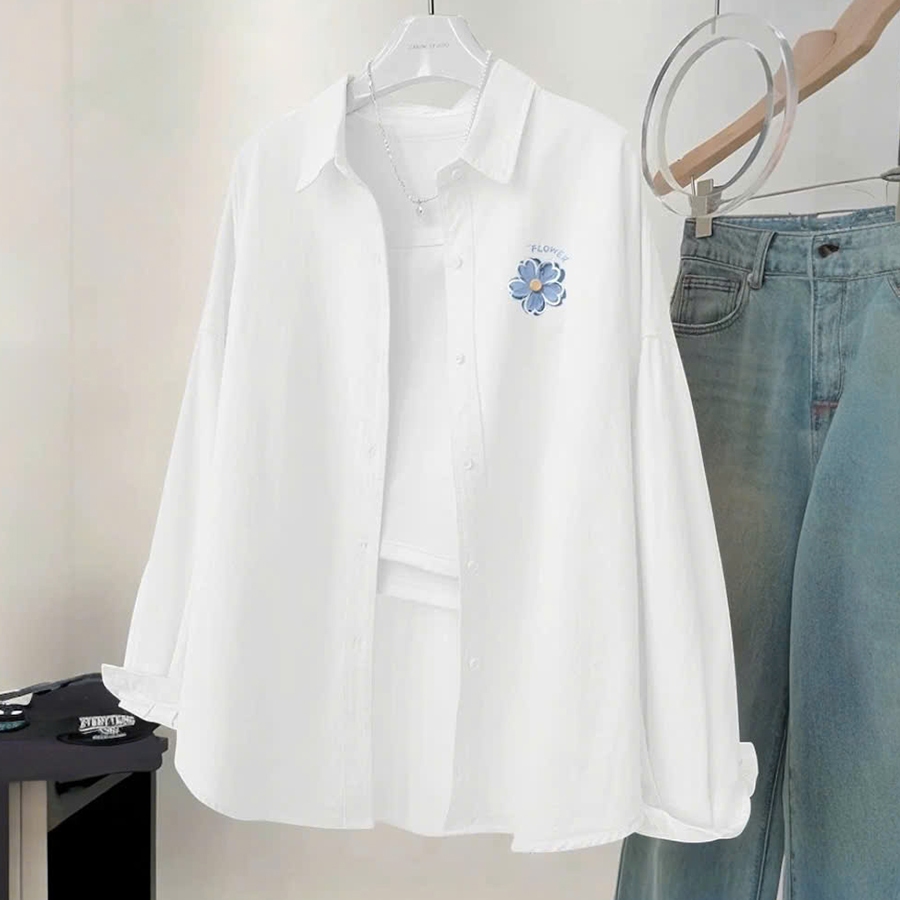 Áo Sơmi hoa cúc HAZEE form rộng vải lụa mềm mịn Unisex, Áo sơ mi nữ dài tay form chuẩn Hàn Quốc