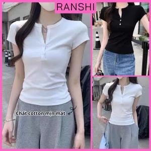 Áo Thun Nữ Cổ Tròn Tay Ngắn Basic Phối Nút Cài RANSHI Ôm Body Chất Thun Cotton Mềm Mịn - RA360