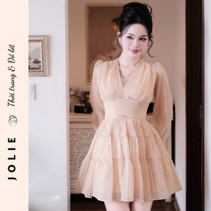 Váy tơ tay dài cổ V dáng xòe xếp tầng màu nude tiểu thư sang chảnh Jolie