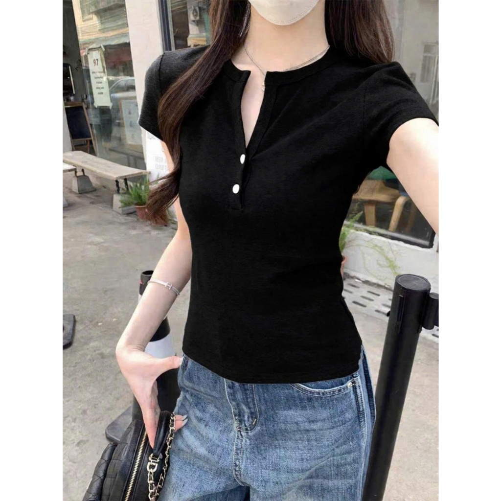 [CÓ SIZE] Áo Thun Nữ Cổ Tròn Tay Ngắn Basic Phối Nút Cài RANSHI Ôm Body Chất Thun Cotton Mềm Mịn - RA360