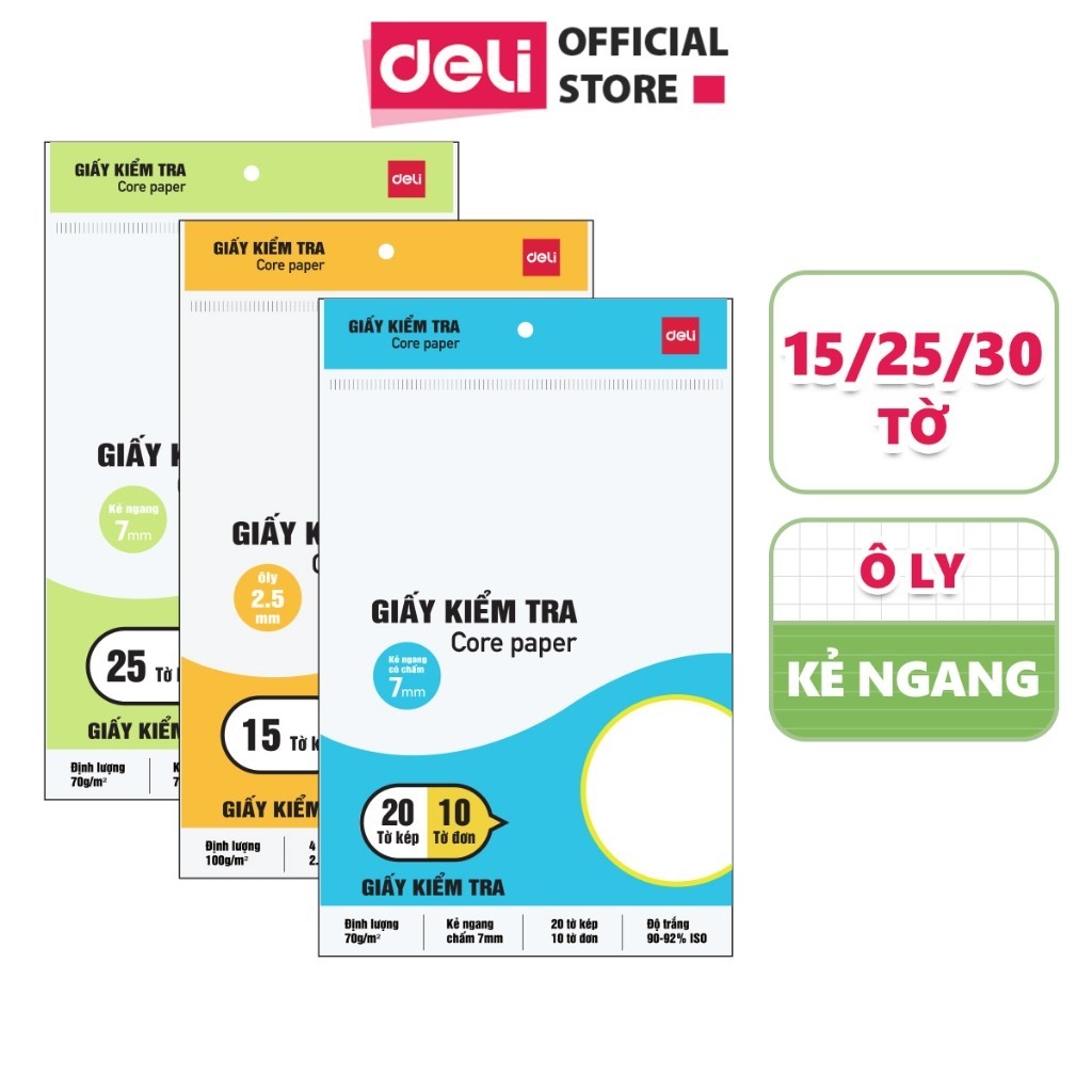 Bộ giấy kiểm tra Deli 15/20/25 tờ,4 ô ly vuông, kẻ ngang giấychất lượng cao, không lem mực cho học sinh