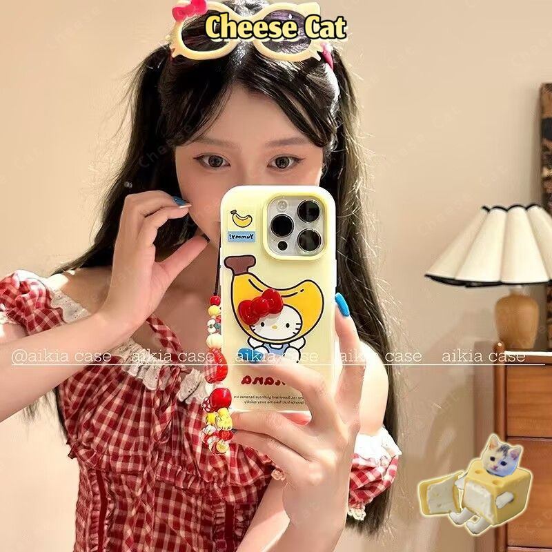 Phim hoạt hình mùa hè Mũ chuối Ốp điện thoại iPhone hình Kitty cho iPhone 15 16 17 11 12 13 14 Pro Max Xs Max XR