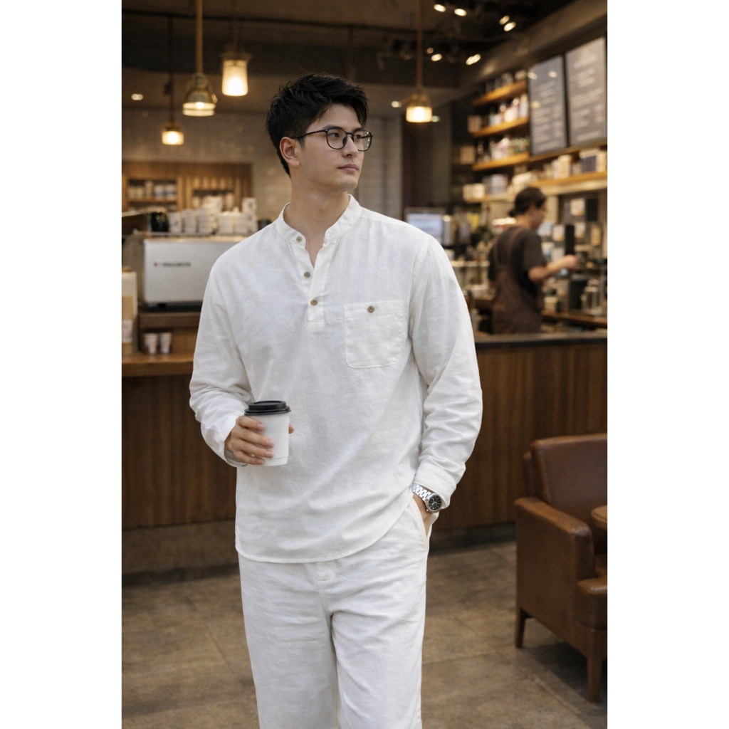 Áo Sơ Mi Đũi Nam Halley Dài Tay Cổ Trụ Phối Cúc Hàn Quốc Sơ Mi Nam Mỏng Nhẹ Đi Biển Đi Cafe A58