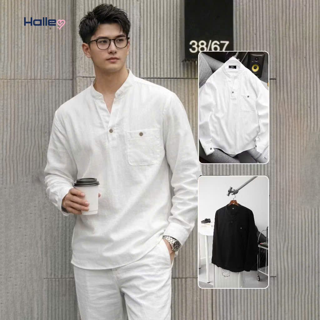 Áo Sơ Mi Đũi Nam Halley Dài Tay Cổ Trụ Phối Cúc Hàn Quốc Sơ Mi Nam Mỏng Nhẹ Đi Biển Đi Cafe A58