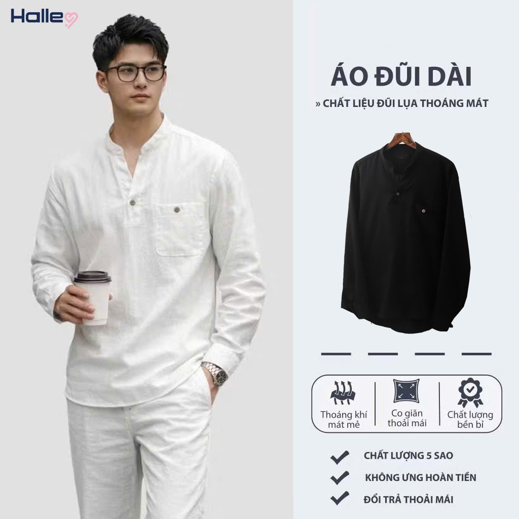 Áo Sơ Mi Đũi Nam Halley Dài Tay Cổ Trụ Phối Cúc Hàn Quốc Sơ Mi Nam Mỏng Nhẹ Đi Biển Đi Cafe A58