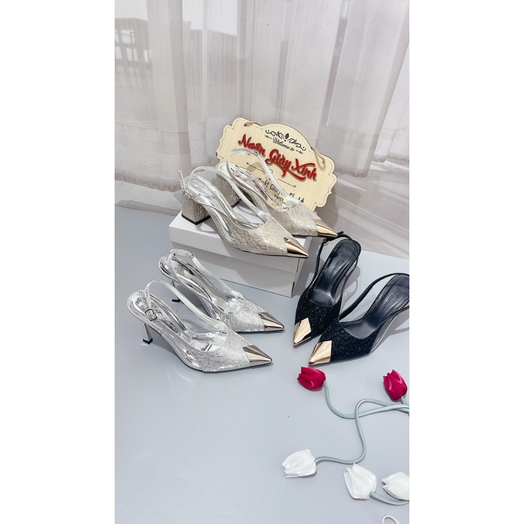 Giày Cao Gót Nữ Mũi Sắt Bling Bling Chống Trầy Xước Sang Trọng Đi Tiệc Thời Trang