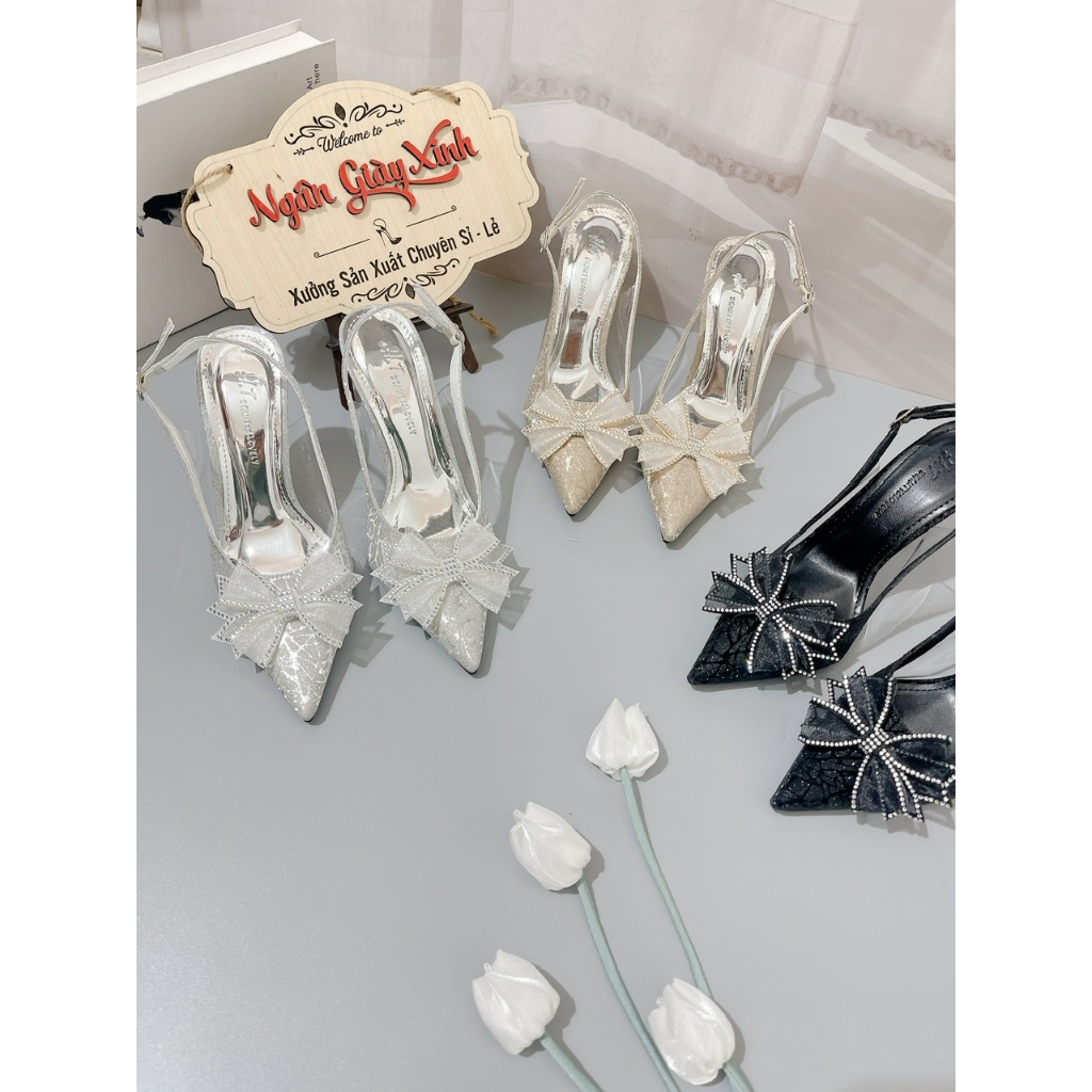 Giày Cao Gót Nữ Kim Tuyến Đính Nơ Xoàn Sang Chảnh 5-7-9cm Giày Đi Tiệc Dự Tiệc