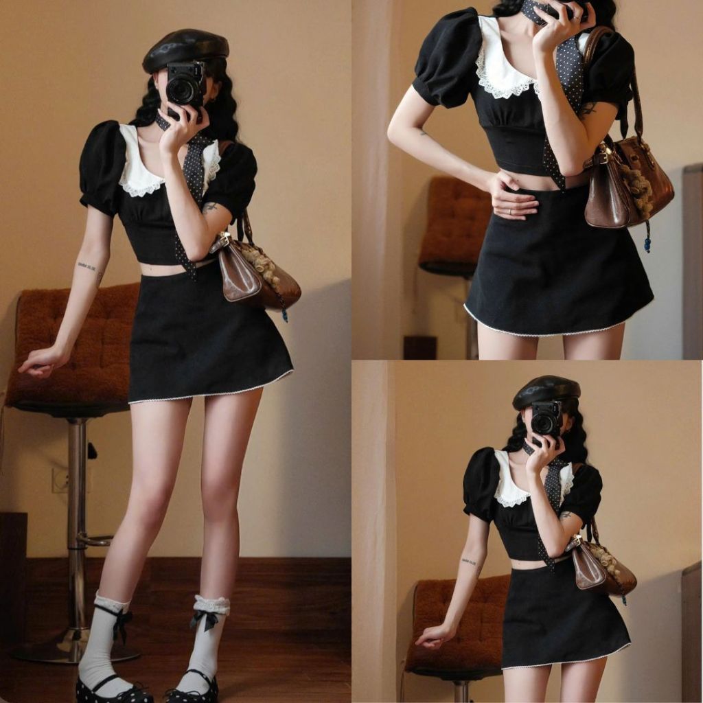 Set Bộ Nữ Croptop Cộc Tay Phối Chân Váy Viền Bèo Dễ Thương Sang Chảnh Tôn Dáng Đi Chơi Form Xinh Joolate 90