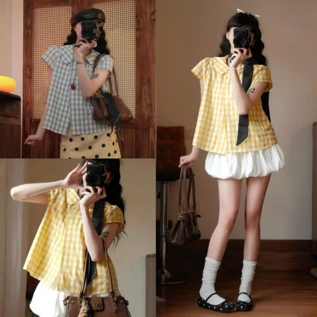 Set Áo Babydoll Kẻ Caro Tay Phồng Joolate  Mix Chân Váy Bí – Set Đồ Nữ Dễ Thương Hàn Quốc Mùa Hè 1211