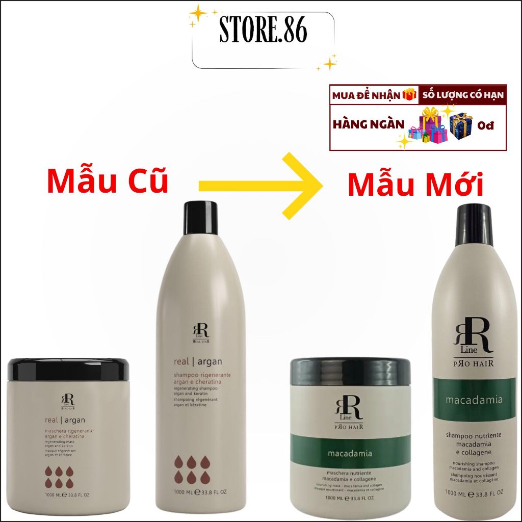 Combo Dầu Gội Ủ Xả Tóc RR Line Real Macadamia 1000ml Hỗ Trợ Phục Hồi Tóc Khô Xơ, Giảm Gãy Rụng