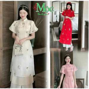 QC_ Set áo dài, set cách tân mặc Tết, set áo dài Voan Ánh Kim thêu hoa mix quần dài Phi Lụa