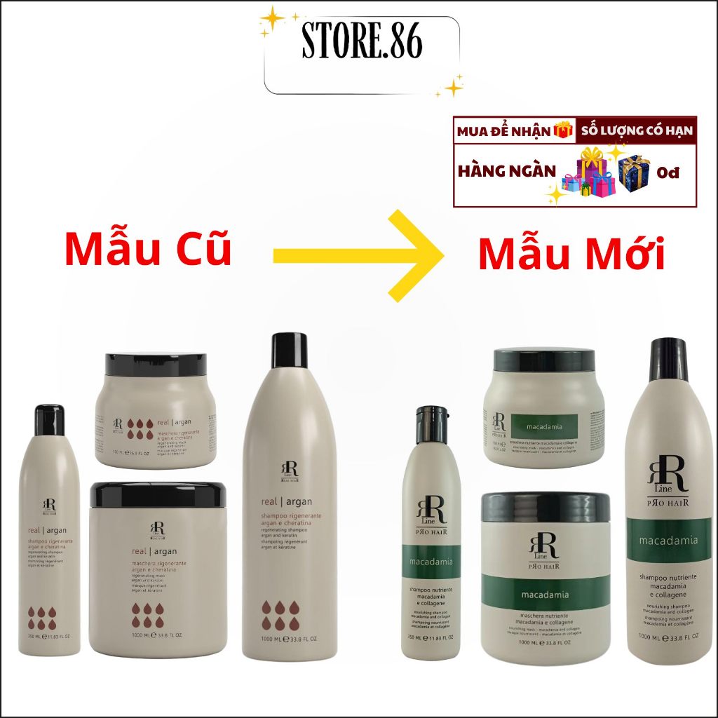 Combo Dầu Gội + Kem Ủ RR Line Real Macadamia 350ml-1000ml|Dưỡng Tóc Mềm Mượt, Bóng Khỏe Chuẩn Salon