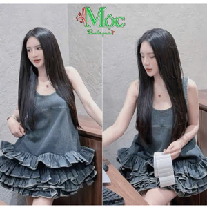 DX_Set đầm váy jean mặc hè, đầm babydoll suông bầu thiết kế chất Jean dáng ngắn suông hai dây