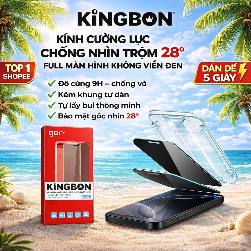 Kính iPhone Không Viền Đen Chống Nhìn Trộm 28 ĐỘ Khung Tự Dán GOR KiNGBON MA-89 cho 12 đến 17Pro max
