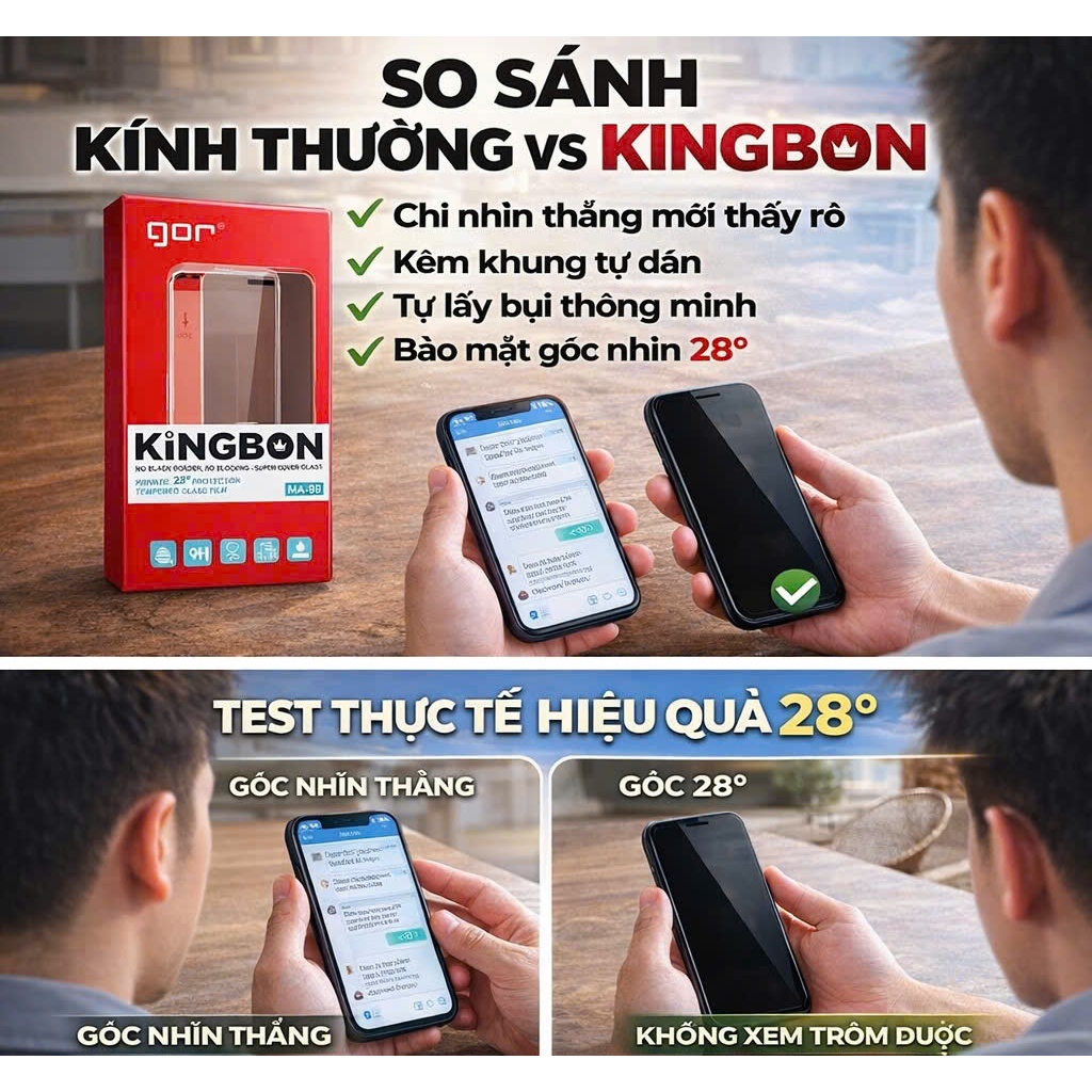 Kính iPhone Không Viền Đen Chống Nhìn Trộm 28 ĐỘ Khung Tự Dán GOR KiNGBON MA-89 cho 12 đến 17Pro max