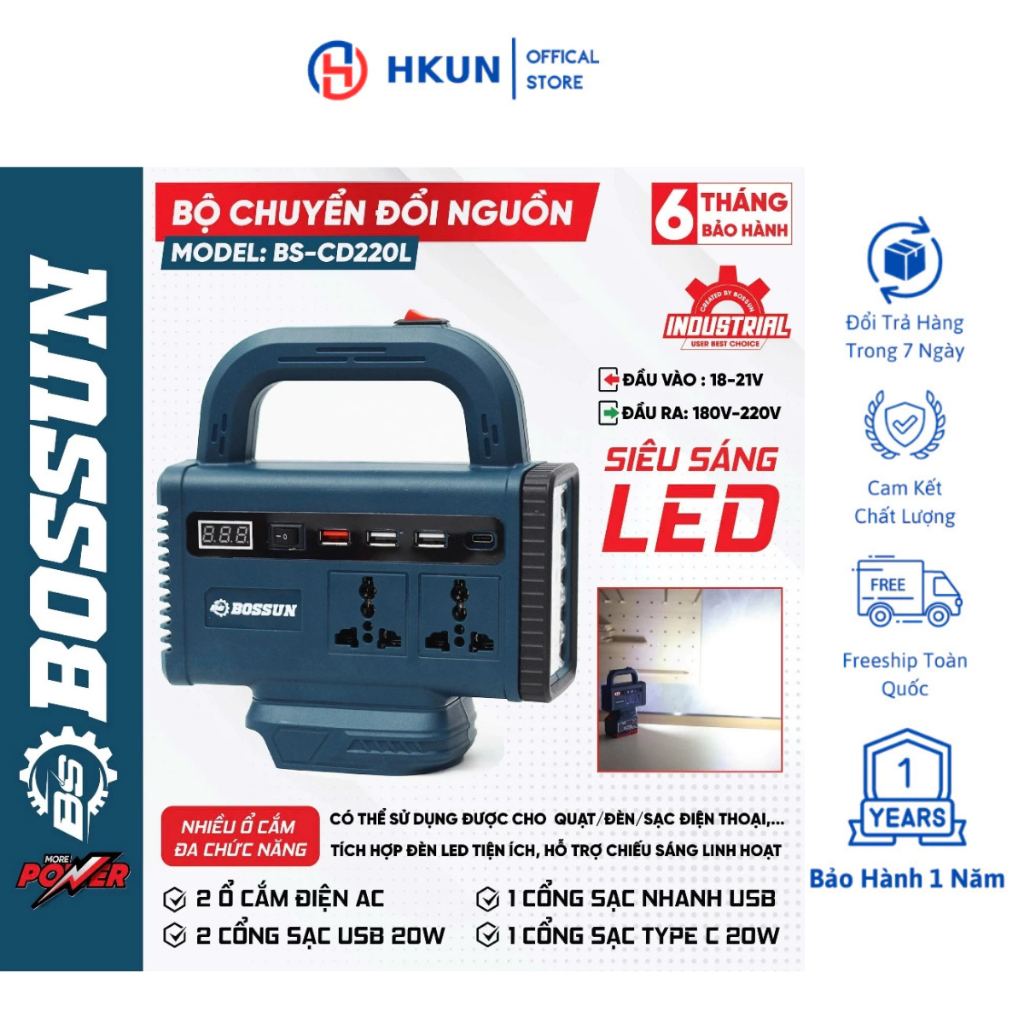 Thân Đế chuyển đổi nguồn điện BS BOSSUN BS-CD220L, Đa dạng ổ cắm, Có đèn LED tắt mở, Chân pin phổ thông