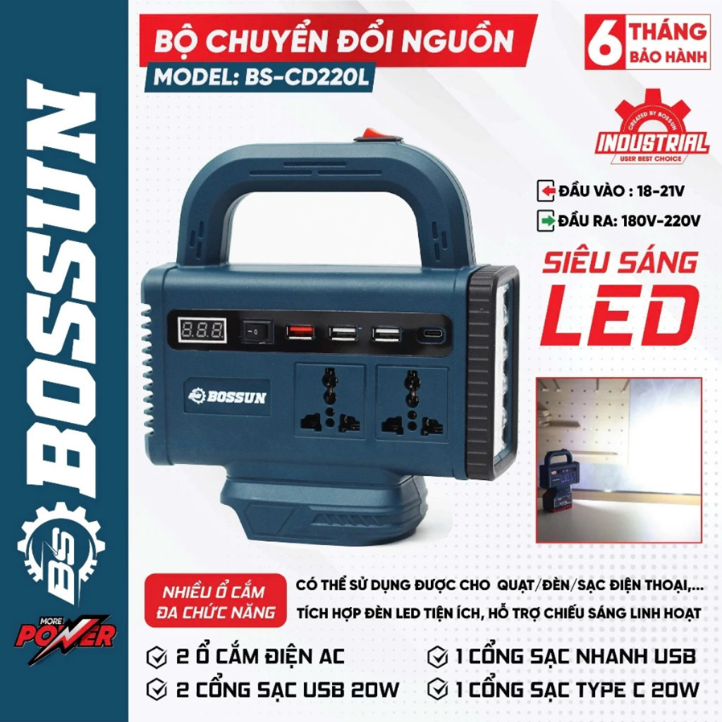 Thân Đế chuyển đổi nguồn điện BS BOSSUN BS-CD220L, Đa dạng ổ cắm, Có đèn LED tắt mở, Chân pin phổ thông