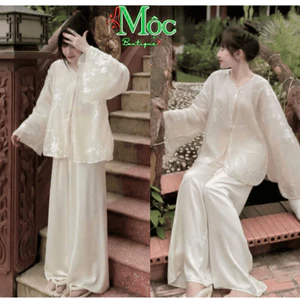 DX_ Set đồ lam, bà ba đi chùa mặc Tết áo Tơ họa tiết thêu phối quần Phi Lụa nhẹ nhàng sang trọng