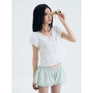 𝐌𝐢𝐬𝐭𝐲 𝐓𝐨𝐩 - Áo kiểu nữ, áo sơ mi nữ xô hoa thiết kế cổ tròn phối nơ xếp ly nhien.official NAS00058
