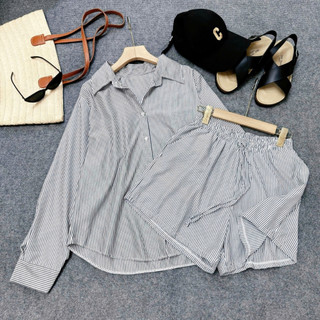 Set Sơ Mi Quần Đùi Bigsize Nữ Áo Somi Kẻ Sọc Kèm Quần Short Lưng Chun Basic Đi Biển Mùa Hè SET974