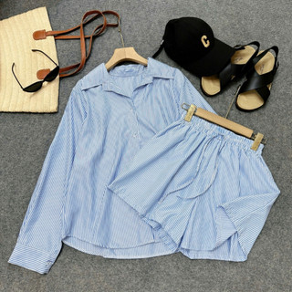Set Sơ Mi Quần Đùi Bigsize Nữ Áo Somi Kẻ Sọc Kèm Quần Short Lưng Chun Basic Đi Biển Mùa Hè SET974