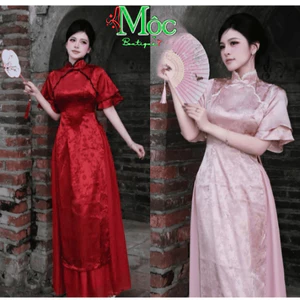 Set áo dài, cách tân mặc Tết thiết kế Gấm trúc nút tàu phối viền tay 2 tầng kèm chân váy dài Tơ nến
