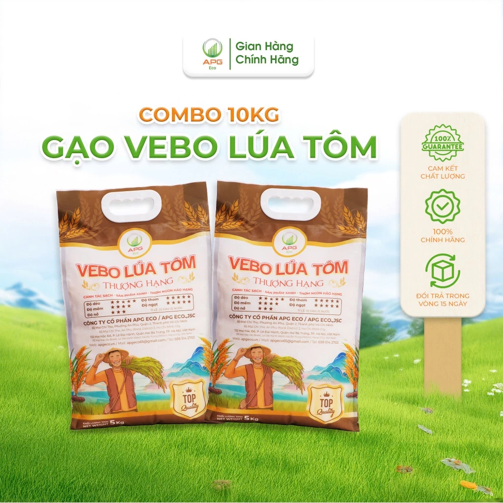 Combo 2 Bao Gạo 5kg VEBO Lúa Tôm APG ECO Thương Hạng Gạo sạch, Mềm, Dẻo, Quy cách túi 5Kg