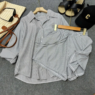 Set Sơ Mi Quần Đùi Bigsize Nữ Áo Somi Kẻ Sọc Kèm Quần Short Lưng Chun Basic Đi Biển Mùa Hè SET974