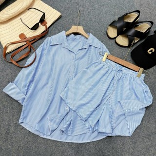Set Sơ Mi Quần Đùi Bigsize Nữ Áo Somi Kẻ Sọc Kèm Quần Short Lưng Chun Basic Đi Biển Mùa Hè SET974