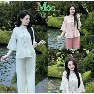 Set đồ lam, pháp phục đi chùa, Set áo Tơ thêu nút tàu phối quần Tuyết Nhung dài suông chuẩn hình