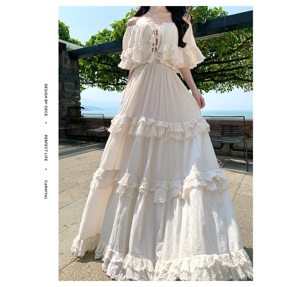 Váy liền thân Pháp cao cấp dáng rộng, một dây, mặc được hai kiểu, đi biển Sanya, du lịch và nghỉ dưỡng