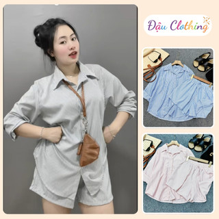 Set Sơ Mi Quần Đùi Bigsize Nữ Áo Somi Kẻ Sọc Kèm Quần Short Lưng Chun Basic Đi Biển Mùa Hè SET974