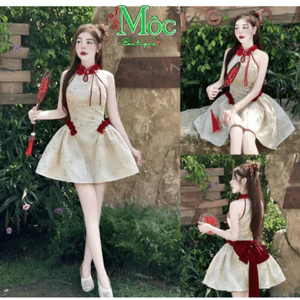 Đầm váy ngắn, đầm mặc Tết Xô thêu hoa nổi có mút cổ yếm đính hoa cổ dáng ngắn xoè kèm nơ to có lót