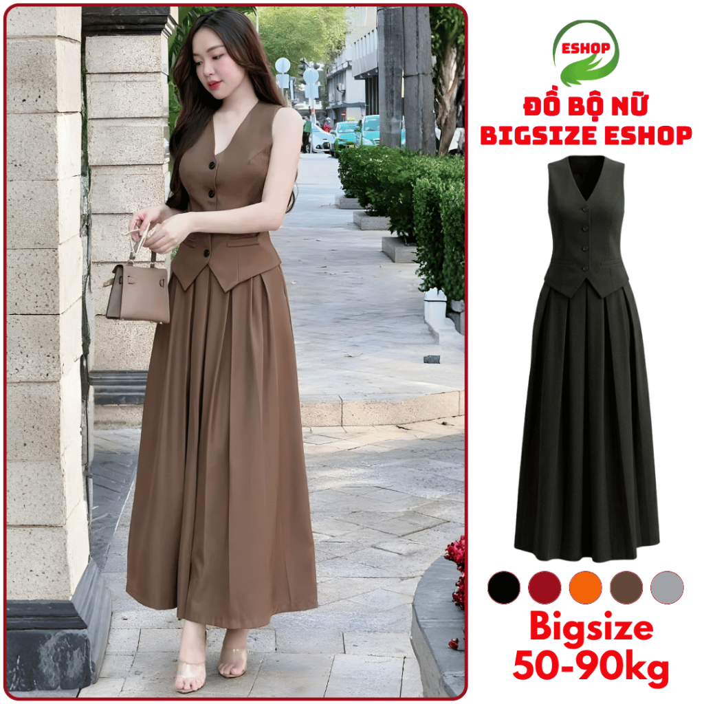 Set Chân Váy Xếp Ly Dáng Dài Bigsize 45-90kg Áo Gile Sát Nách Có Túi Sang Chảnh Thiết Kế ESHOP V68
