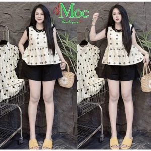 Set bộ đùi, tiểu thư mặc hè gồm áo babydoll hoa nhí tay cánh tiên phối quần đùi lưng cao