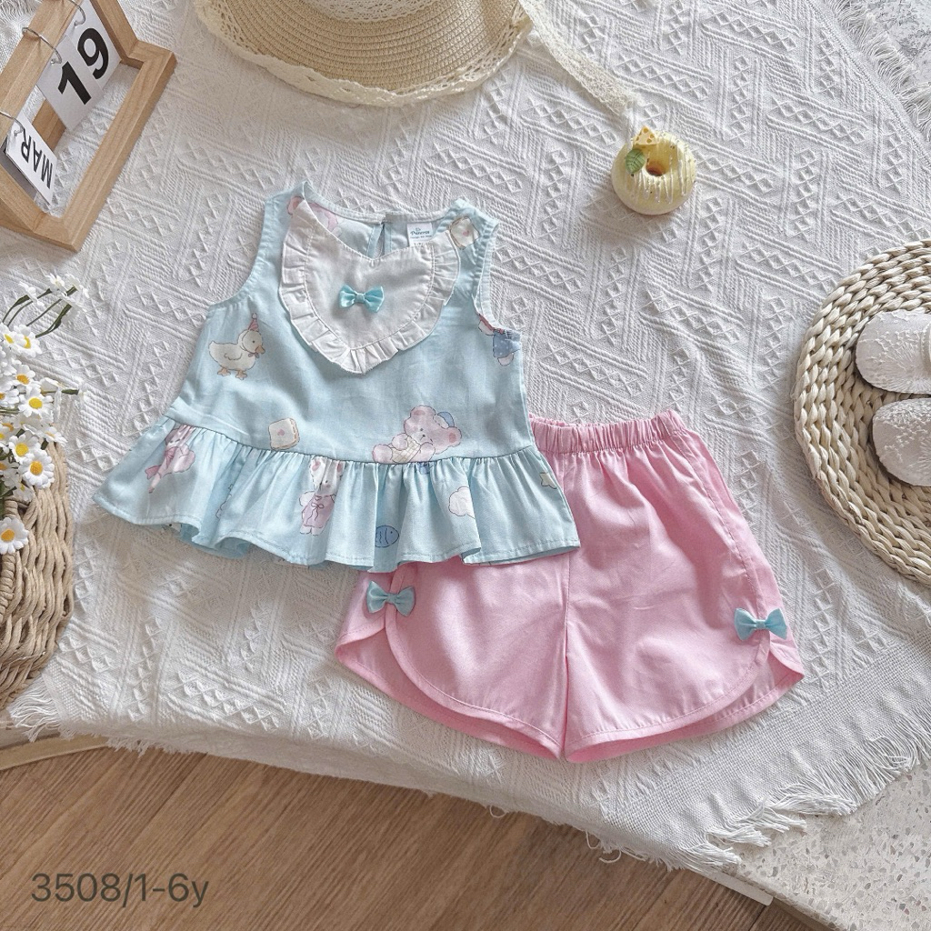 Bộ Bé Gái Mặc Hè OP 1–6Y (9–26kg) – Set Đồ Hoạ Tiết Xinh Xắn, Dễ Thương Cho Bé