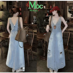 DX_ Đầm váy dài jean, xinh xắn gồm áo lót trong phối đầm Jean Quảng Châu suông rách dáng dài