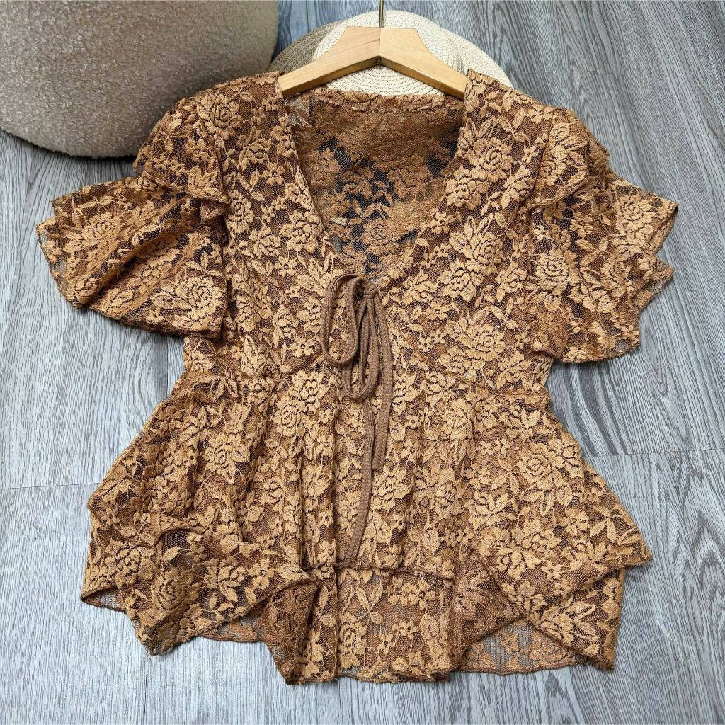 Áo Kiểu Ren Bigsize Nữ Cổ V Tay Bèo Dáng Xòe Che Bụng Thời Trang 58-92kg A353